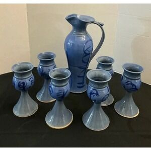 VTG Blue Stoneware Pitcher And 6 Goblets
